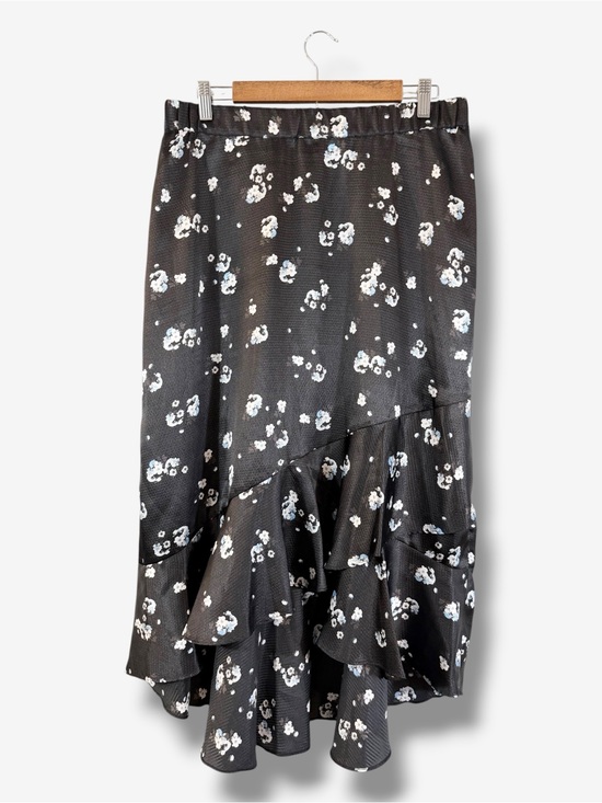Alfani Dresses & Skirts - Alfani Black Satin Midi Skirt Size 12 Floral Print Hi Low Casual Modest Tiered